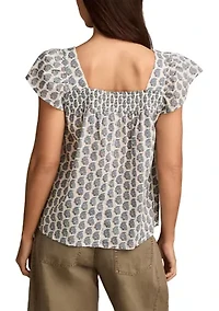 Women's Smocked Square Neck Printed Peasant Top