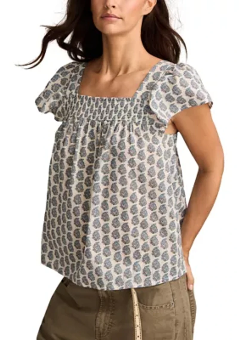 Women's Smocked Square Neck Printed Peasant Top