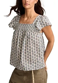 Women's Smocked Square Neck Printed Peasant Top