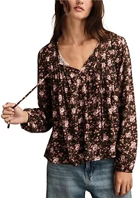 Women's Pintuck Floral Peasant Top