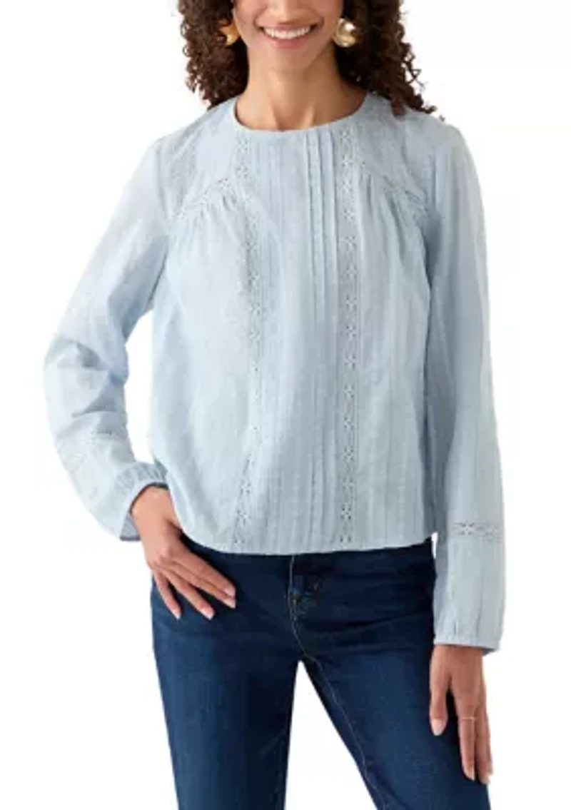 Long Sleeve Crew Neck Embroidered Blouse