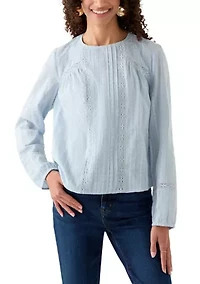 Long Sleeve Crew Neck Embroidered Blouse