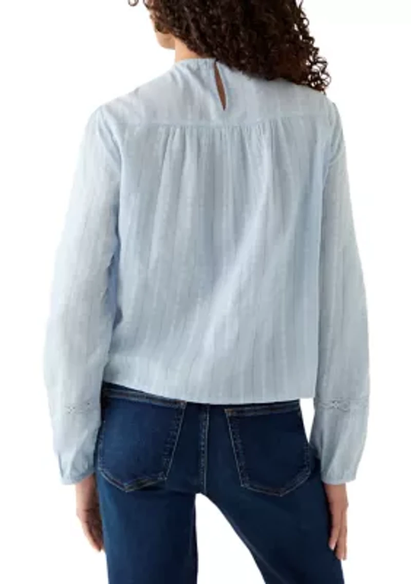 Long Sleeve Crew Neck Embroidered Blouse