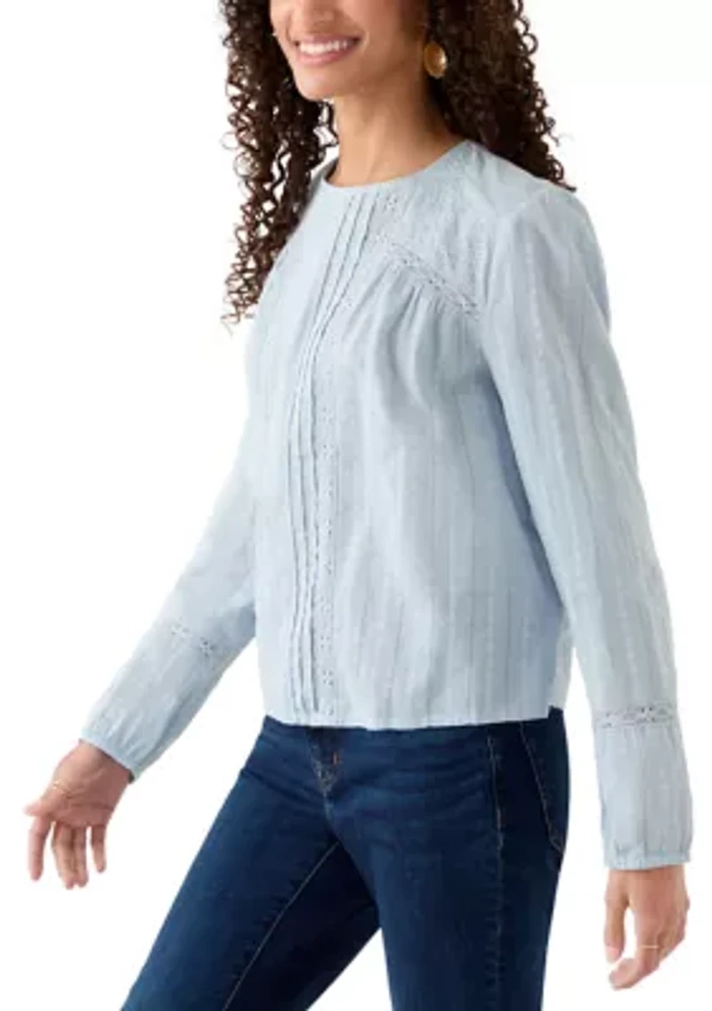 Long Sleeve Crew Neck Embroidered Blouse