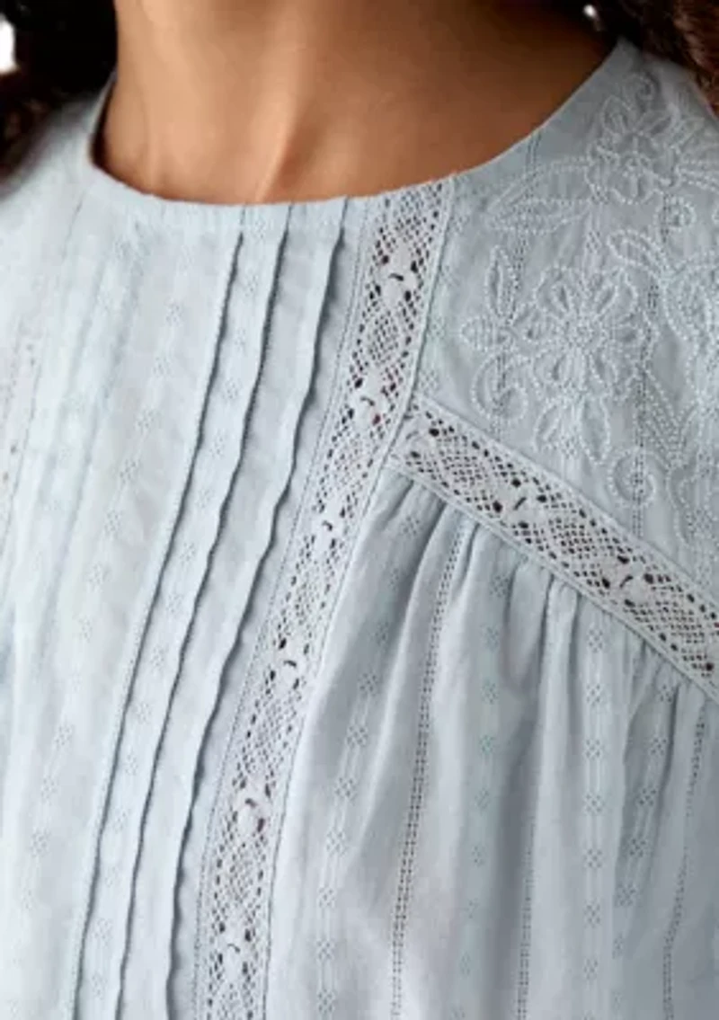 Long Sleeve Crew Neck Embroidered Blouse