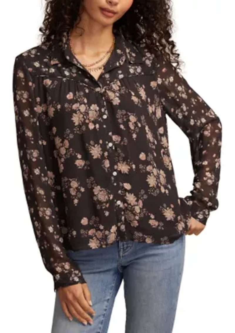 Women's Long Sleeve Mixed Floral Printed Button Front Blouse