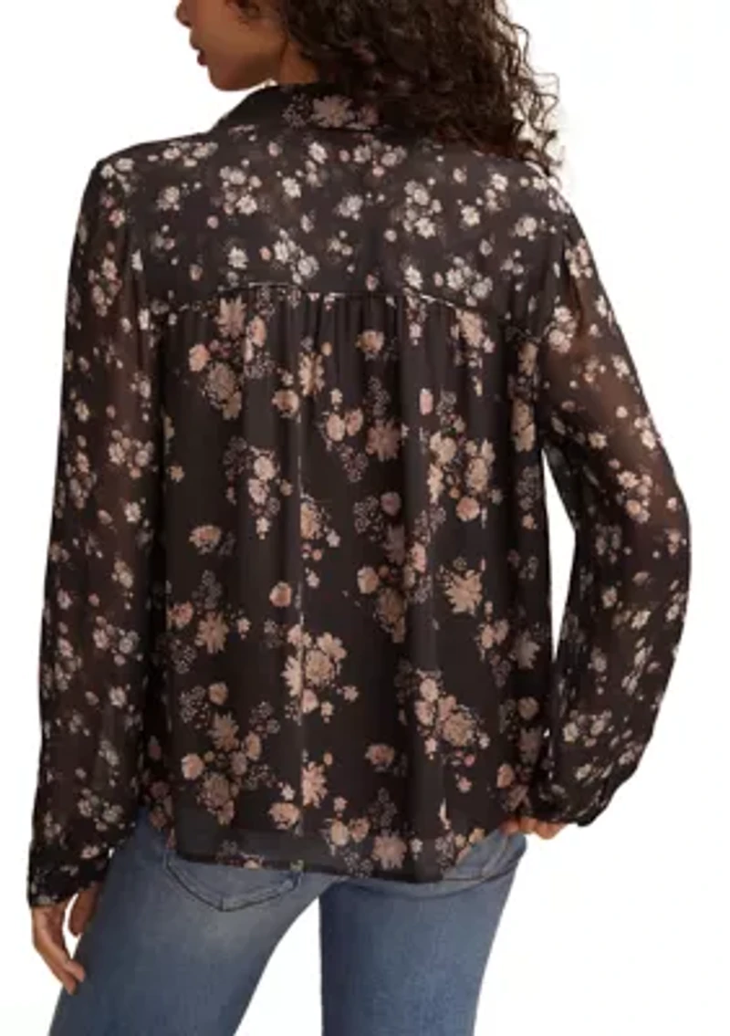 Women's Long Sleeve Mixed Floral Printed Button Front Blouse