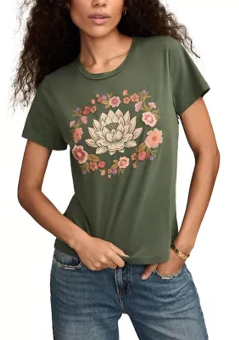 Women's Embroidered Lotus Crew Neck Graphic T-Shirt
