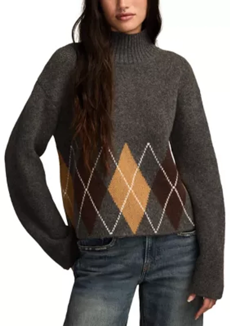 Women's Long Sleeve Funnel Neck Argyle Sweater