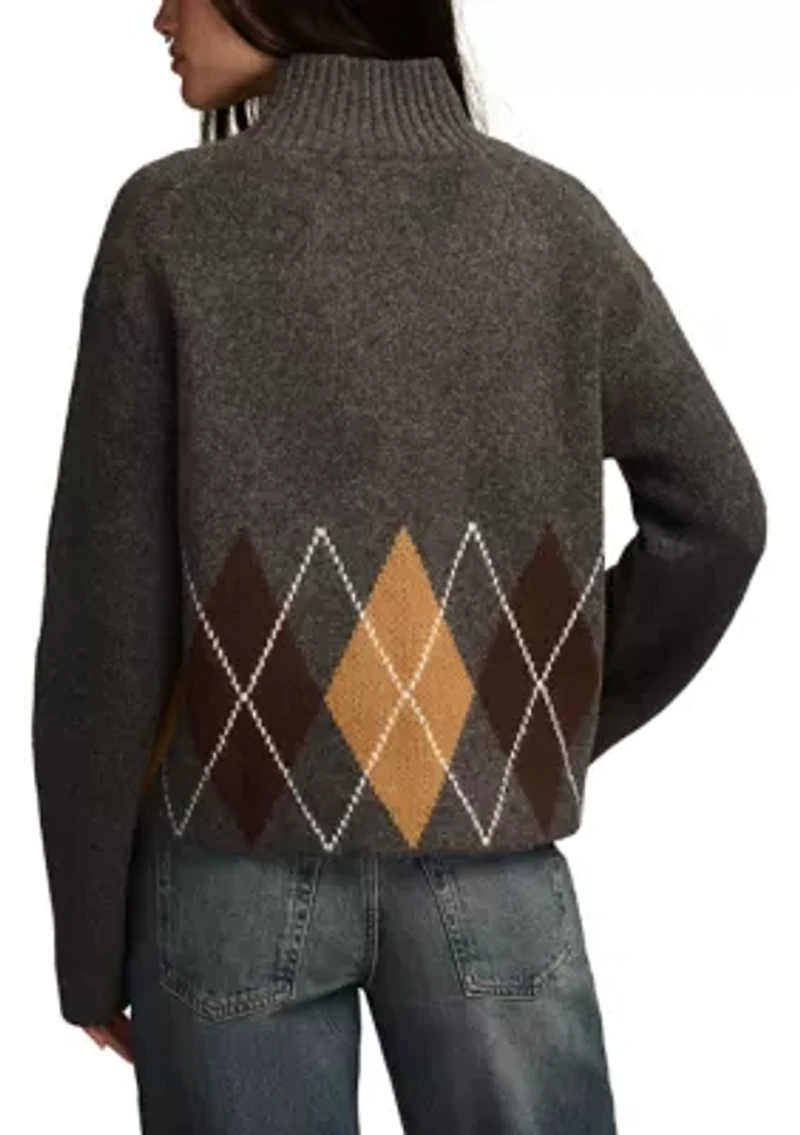 Women's Long Sleeve Funnel Neck Argyle Sweater