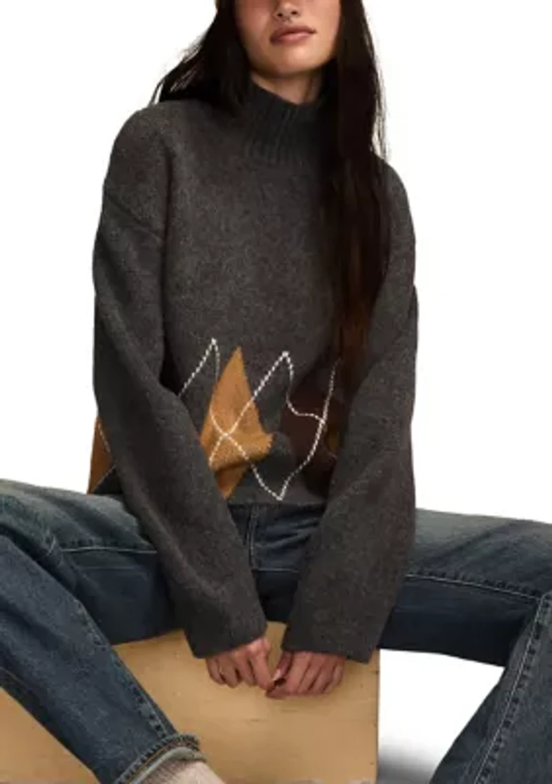 Women's Long Sleeve Funnel Neck Argyle Sweater