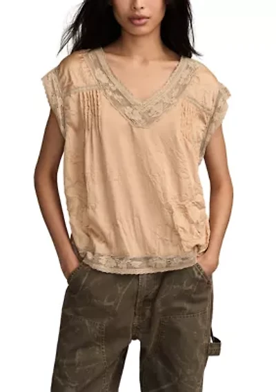 Women's Lace Trim Crinkle Short Sleeve Blouse