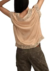 Women's Lace Trim Crinkle Short Sleeve Blouse