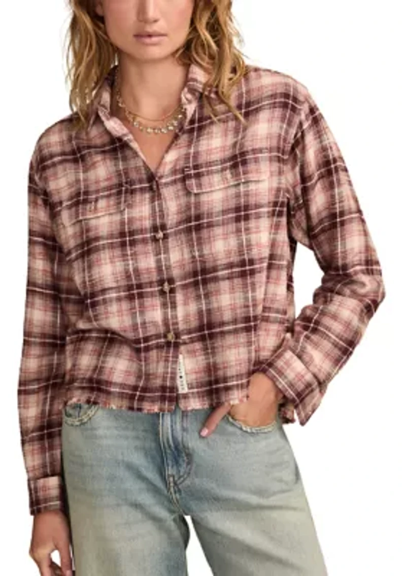 Women's Plaid Printed Frayed Hem Shirt