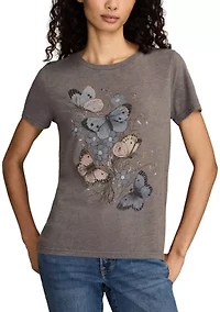 Women's Floral Butterfly Motif Classic Crew Neck Top