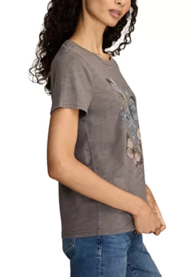 Women's Floral Butterfly Motif Classic Crew Neck Top