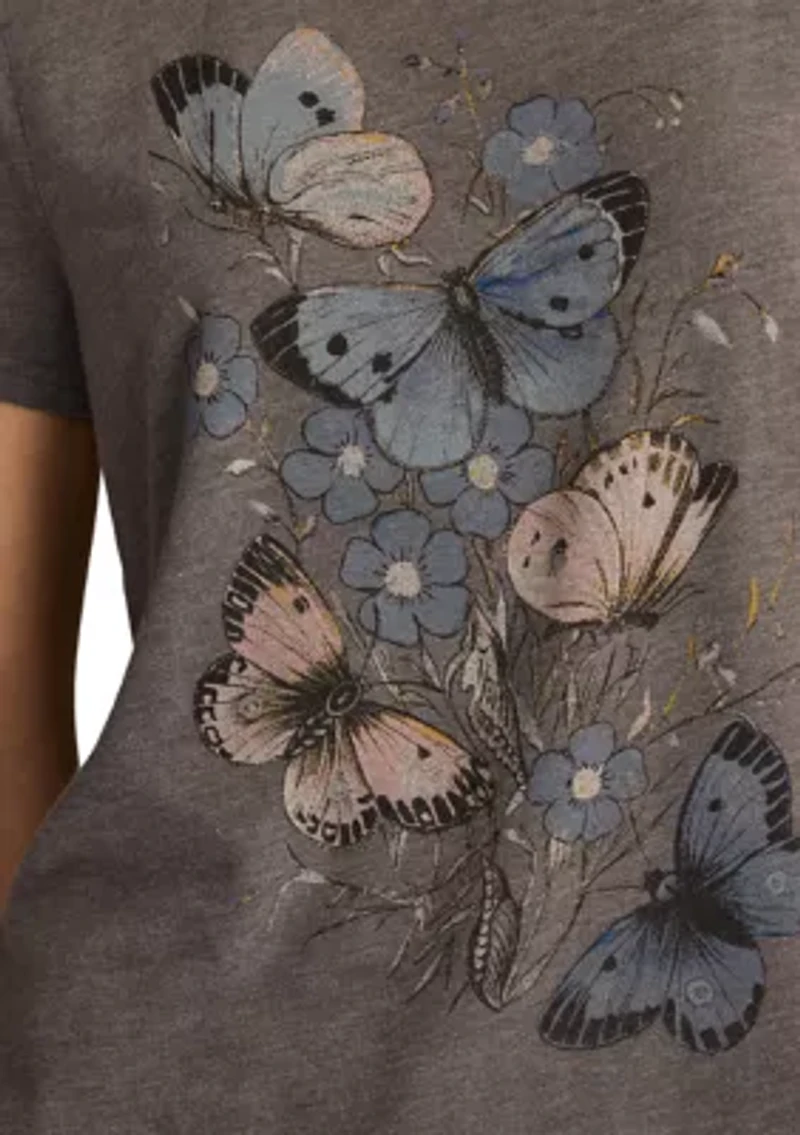 Women's Floral Butterfly Motif Classic Crew Neck Top
