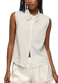 Women's Sleeveless Eyelet Button Down Shirt