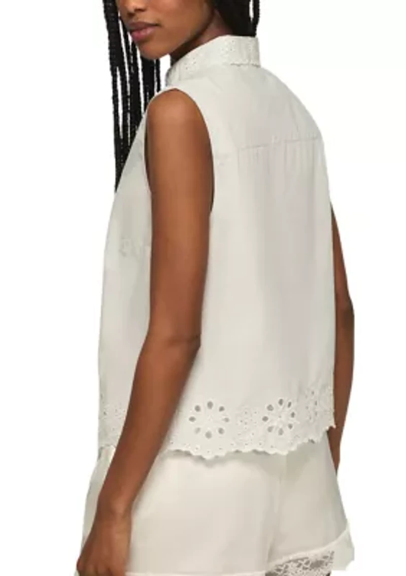 Women's Sleeveless Eyelet Button Down Shirt