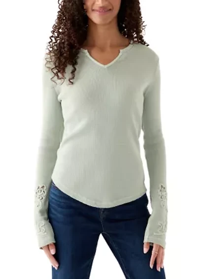 Knit Split Neck Open Work Sleeve Top