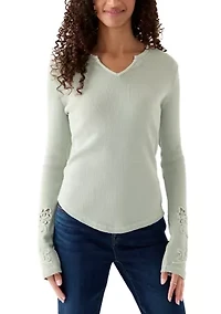 Knit Split Neck Open Work Sleeve Top