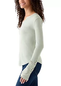 Knit Split Neck Open Work Sleeve Top