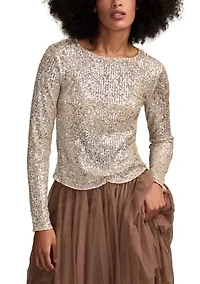 Long Sleeve Sequin Boat Neck Knit Top