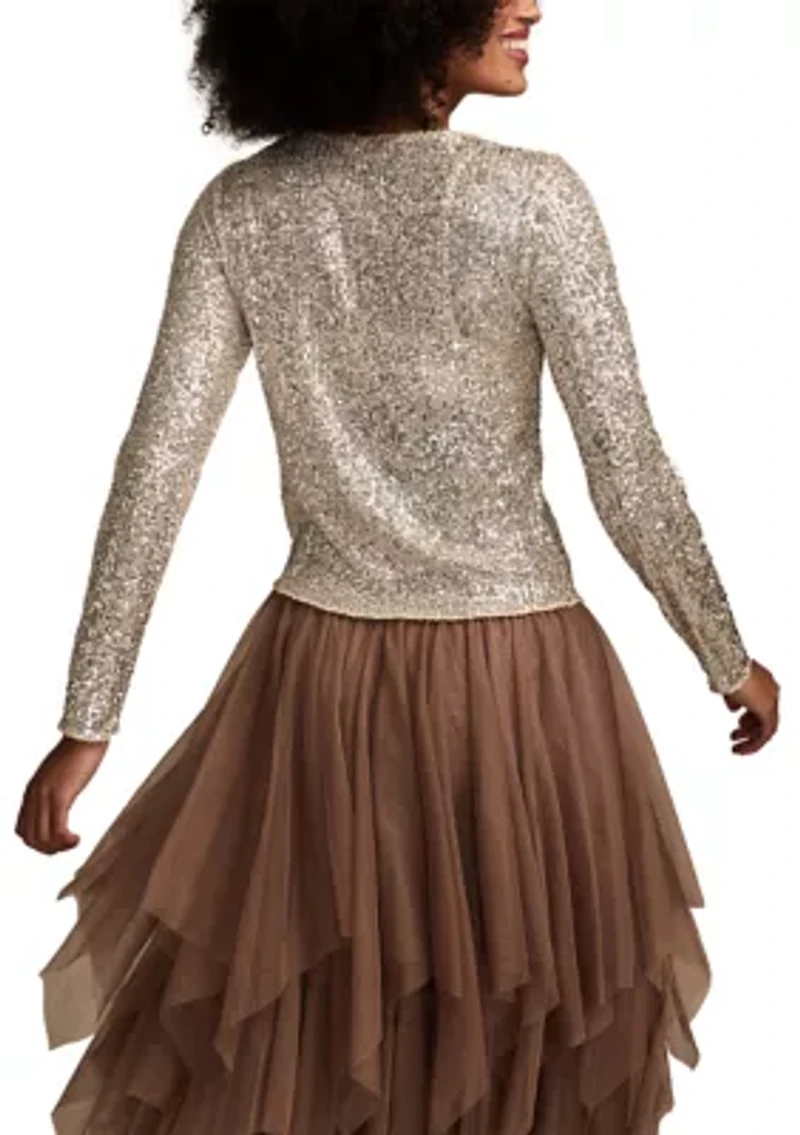 Long Sleeve Sequin Boat Neck Knit Top