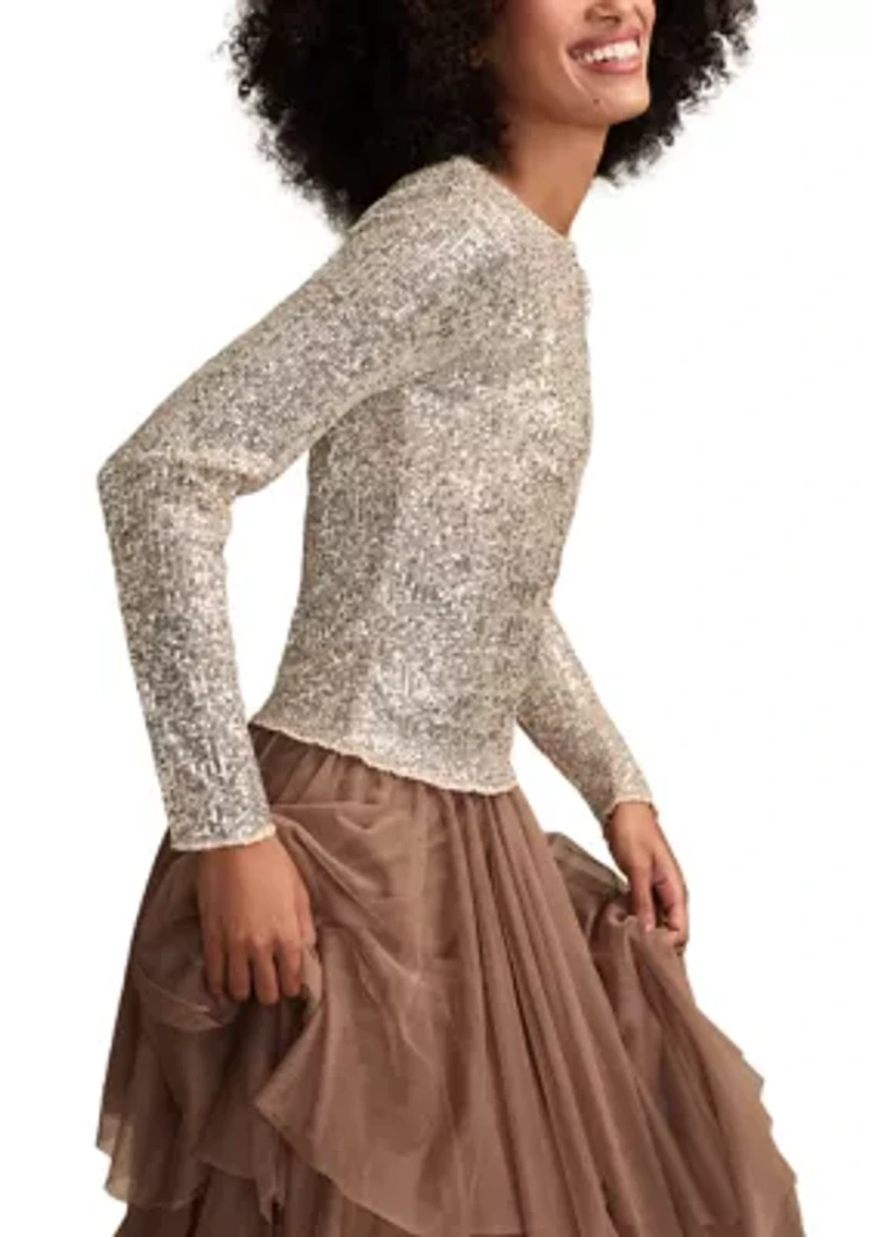 Long Sleeve Sequin Boat Neck Knit Top