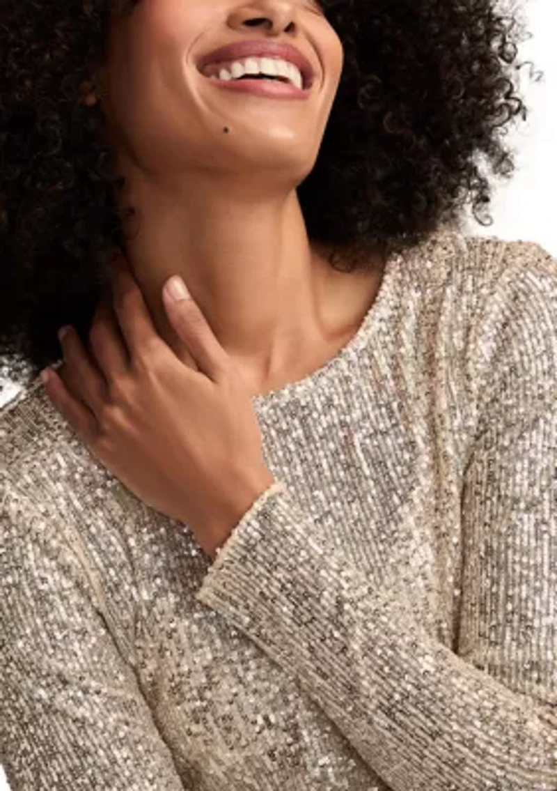 Long Sleeve Sequin Boat Neck Knit Top