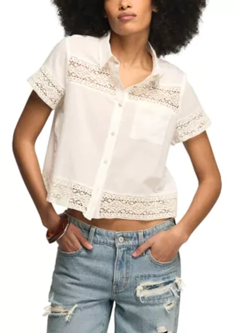 Women's Crochet Trim Linen Camp Shirt