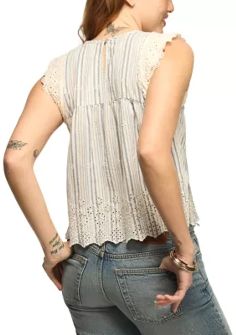 Women's Flutter Sleeve Vertical Striped Lace Top