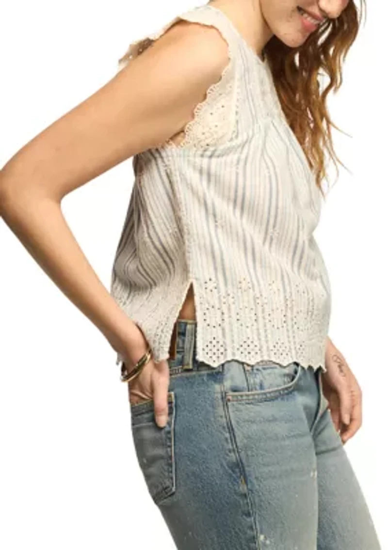 Women's Flutter Sleeve Vertical Striped Lace Top