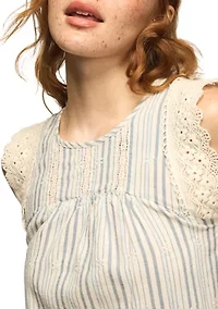 Women's Flutter Sleeve Vertical Striped Lace Top