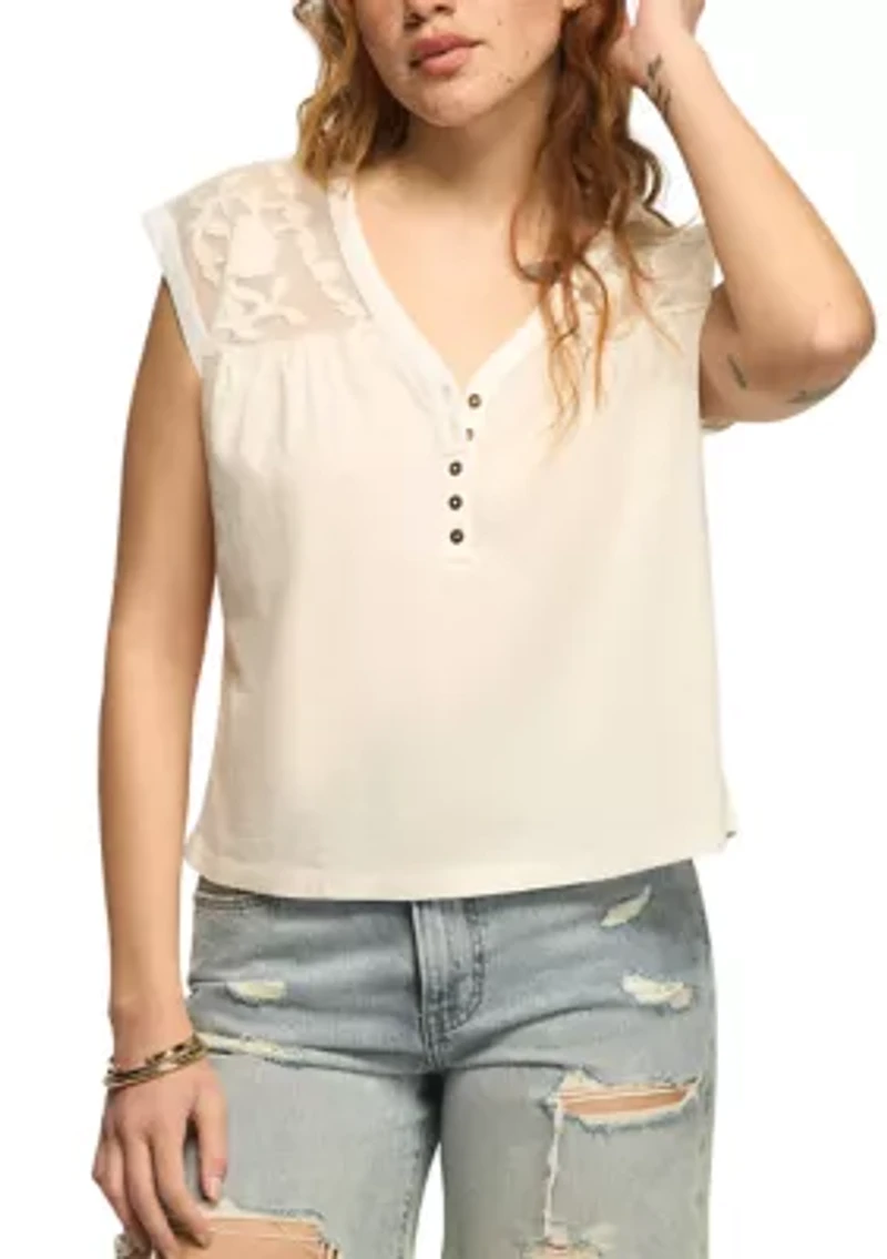 Women's Embroidered Floral Yoke Top