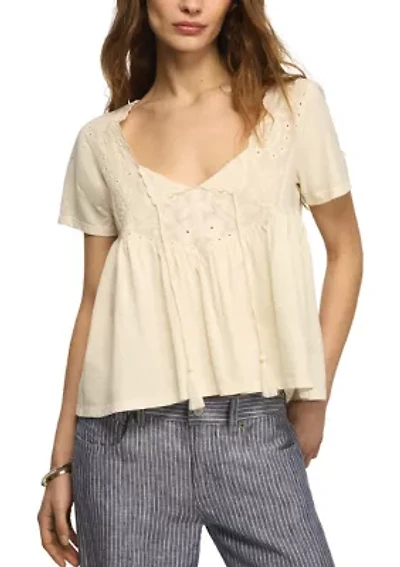 Women's Short Sleeve Embroidered Yoke Tassel Knit Top