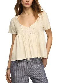 Women's Short Sleeve Embroidered Yoke Tassel Knit Top