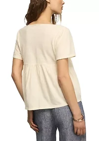 Women's Short Sleeve Embroidered Yoke Tassel Knit Top