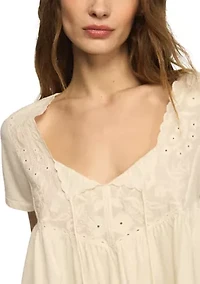 Women's Short Sleeve Embroidered Yoke Tassel Knit Top