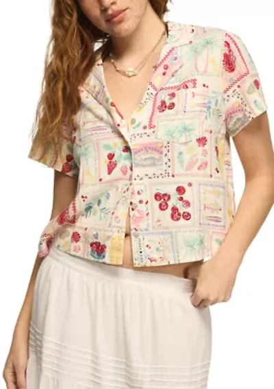 Women's Short Sleeve Postcard Print Linen Camp Shirt