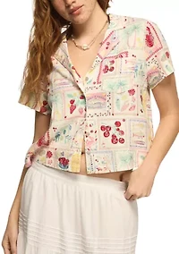 Women's Short Sleeve Postcard Print Linen Camp Shirt