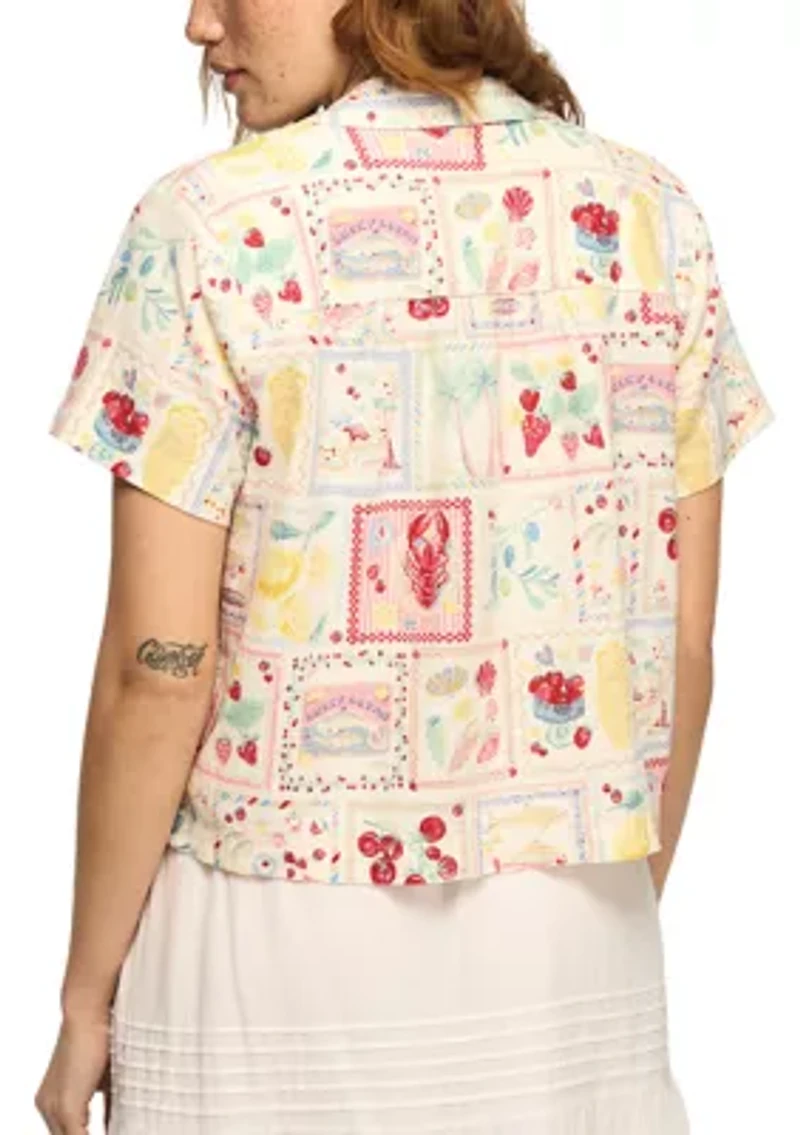 Women's Short Sleeve Postcard Print Linen Camp Shirt