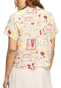 Women's Short Sleeve Postcard Print Linen Camp Shirt