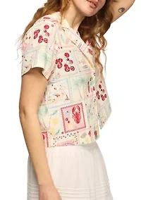 Women's Short Sleeve Postcard Print Linen Camp Shirt