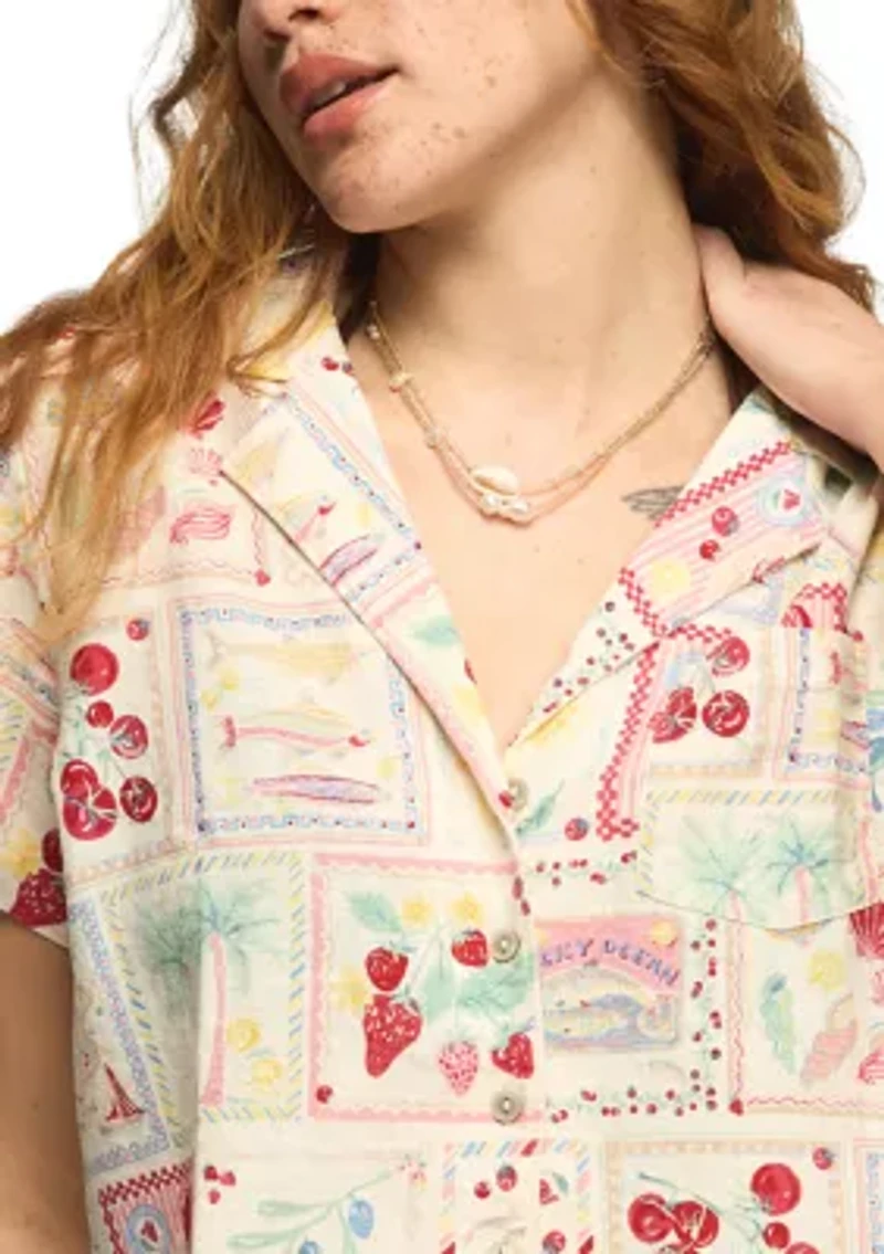 Women's Short Sleeve Postcard Print Linen Camp Shirt
