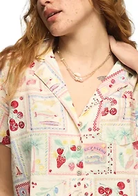 Women's Short Sleeve Postcard Print Linen Camp Shirt