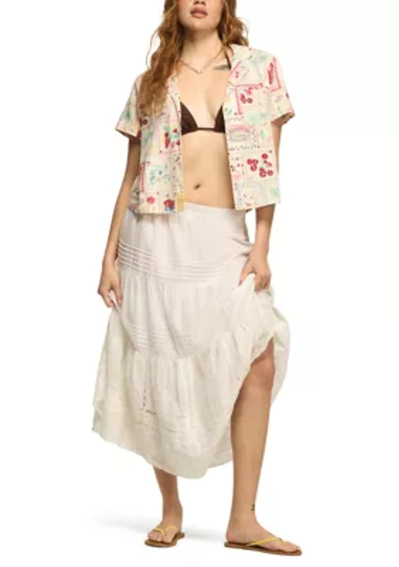 Women's Short Sleeve Postcard Print Linen Camp Shirt
