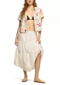 Women's Short Sleeve Postcard Print Linen Camp Shirt