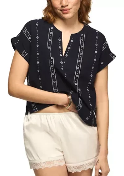 Women's Split Neck Vertical Embroidered Woven Top