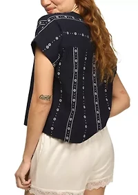 Women's Split Neck Vertical Embroidered Woven Top